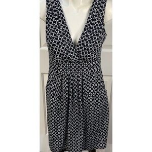 Covey P Blue White Dress VNeck Lined Geometric Print Pleated Womens Size Medium